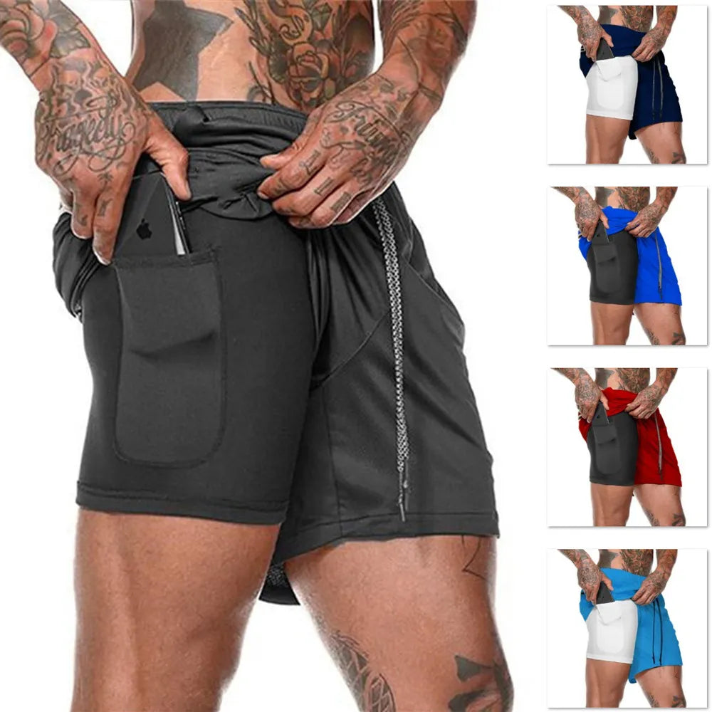 European Men's Sports Summer New Double Layer Mobile Phone Pants Gym Exercise Jogging Training Shorts